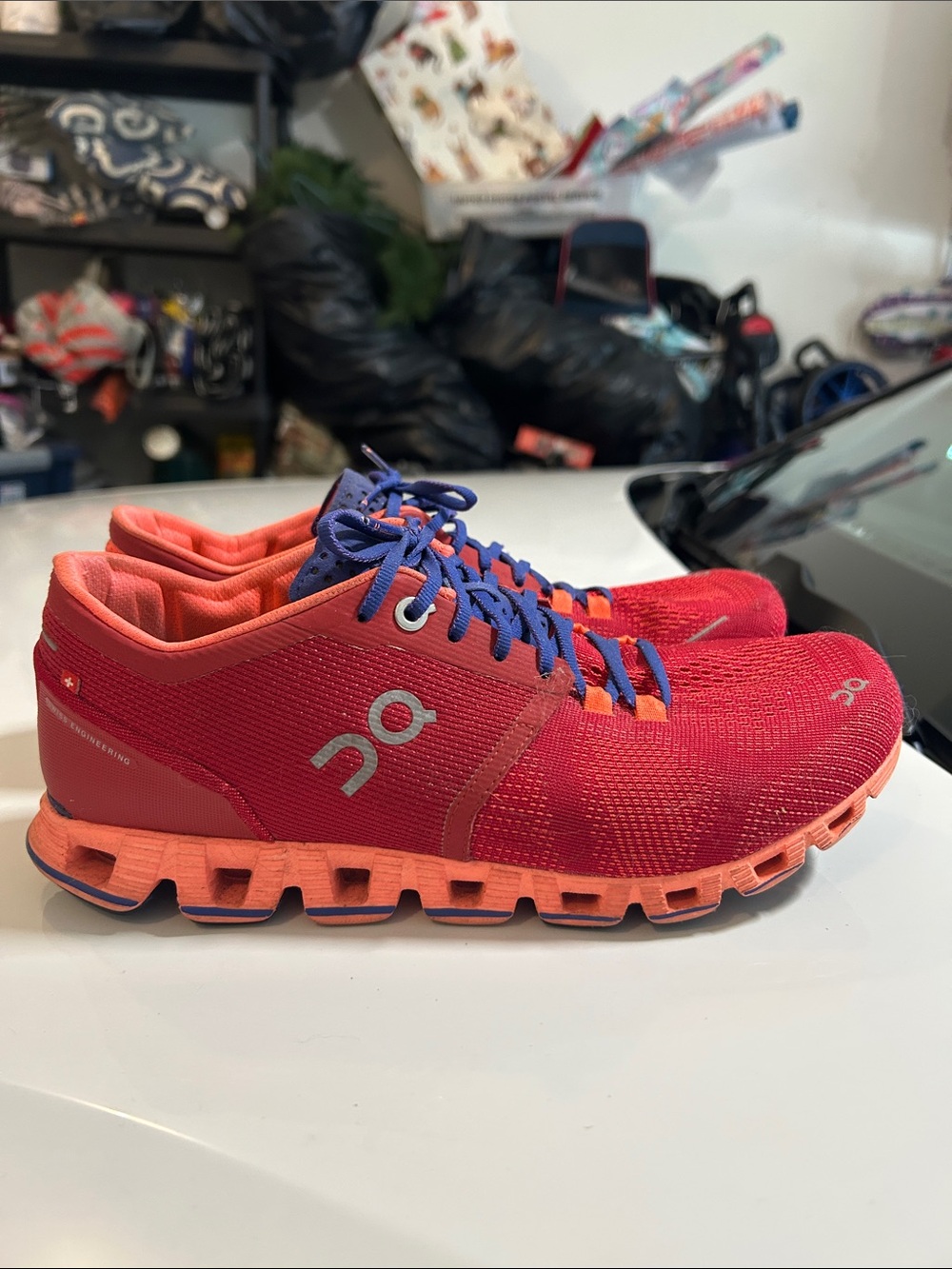 On Running Women's Cloudflow Shoes - Red with Coral & Blue Accents